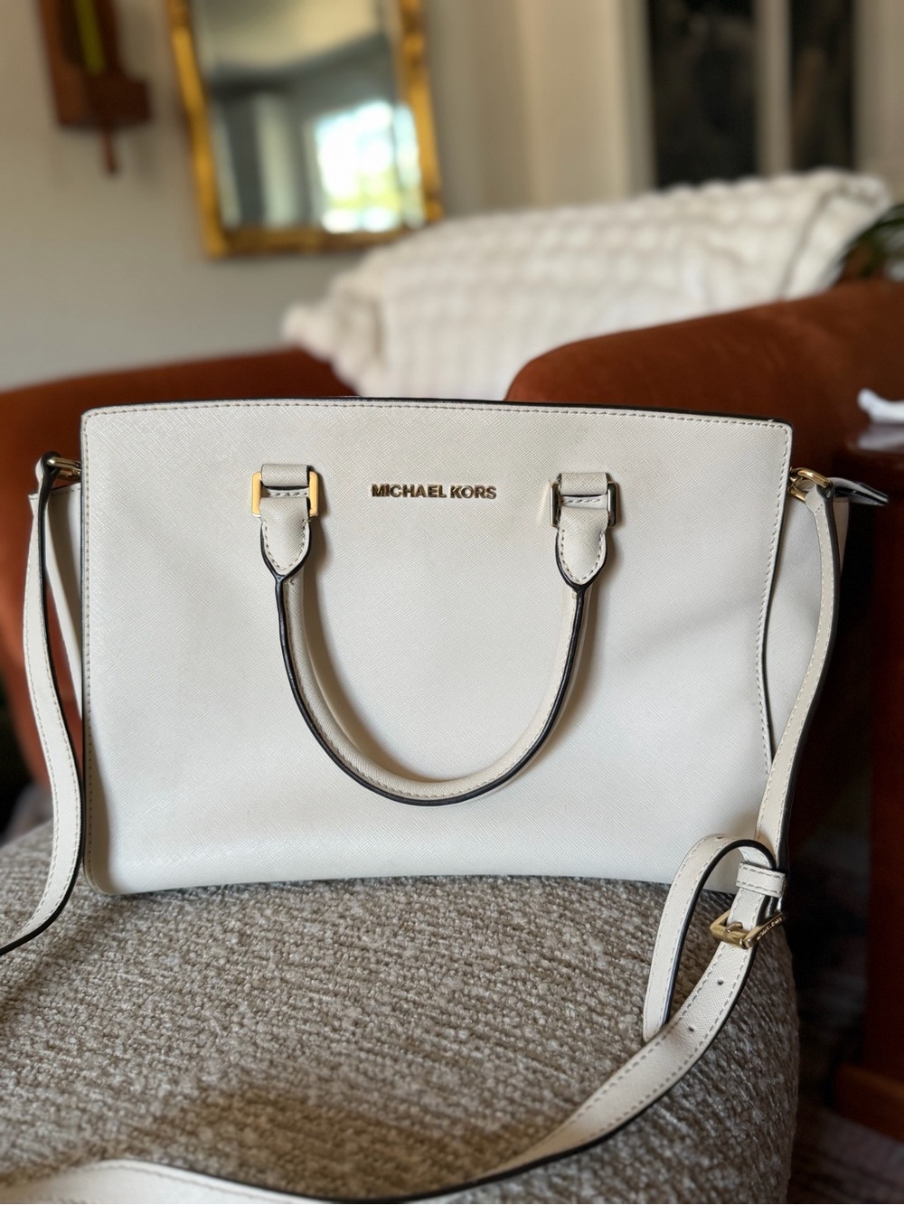 Michael Kors Cream Saffiano Leather Satchel with Gold Hardware